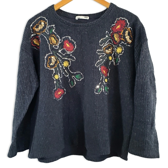 VGUC Zara Knit Floral Sequin Embroidered 3/4 Sleeves Top Sweater Size L - Picture 2 of 13